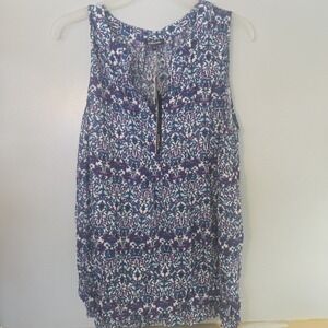 Soiree Top Women 1X Blue Tank Blouse Botton Floral Paisley Resort Boho Cottage